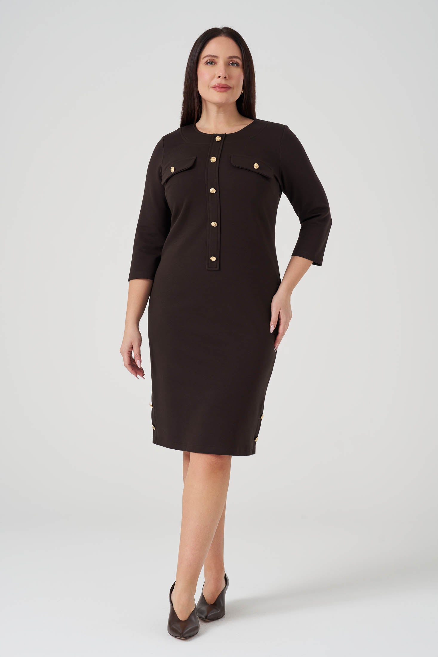 Süs Düğmeli Örme Elbise Acı Kahve