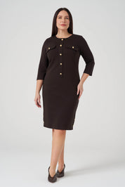 Süs Düğmeli Örme Elbise Acı Kahve