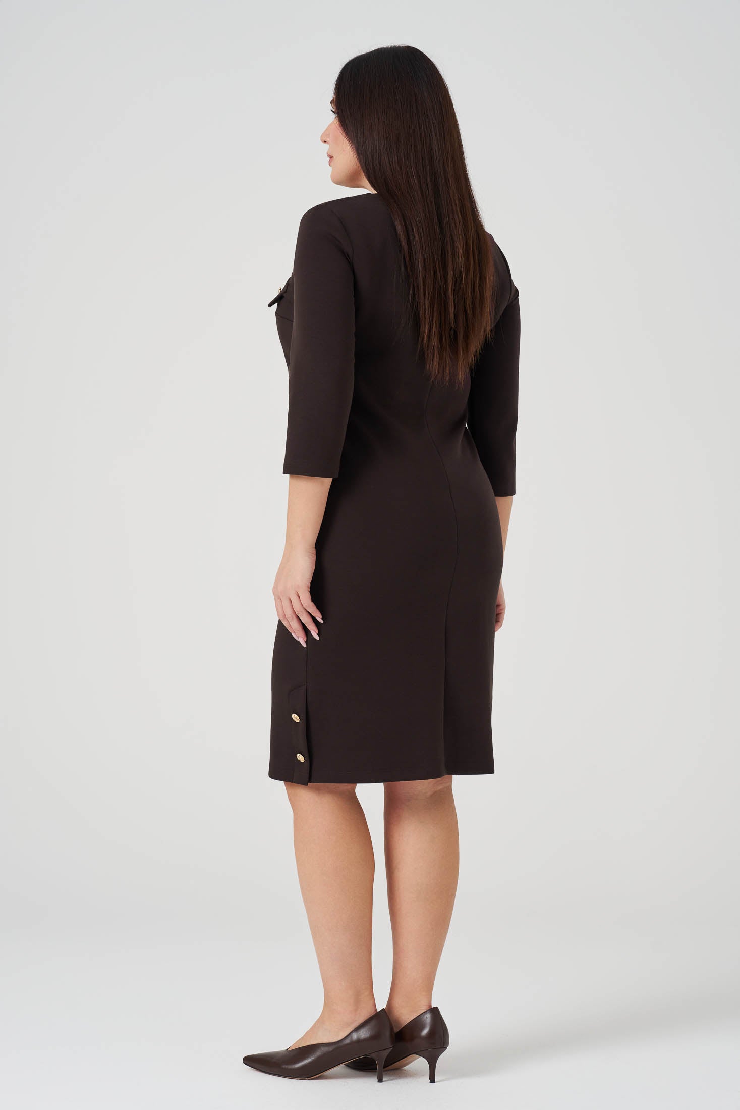 Süs Düğmeli Örme Elbise Acı Kahve