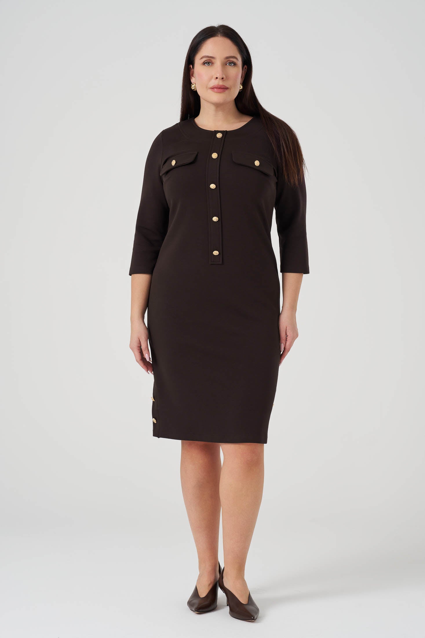 Süs Düğmeli Örme Elbise Acı Kahve