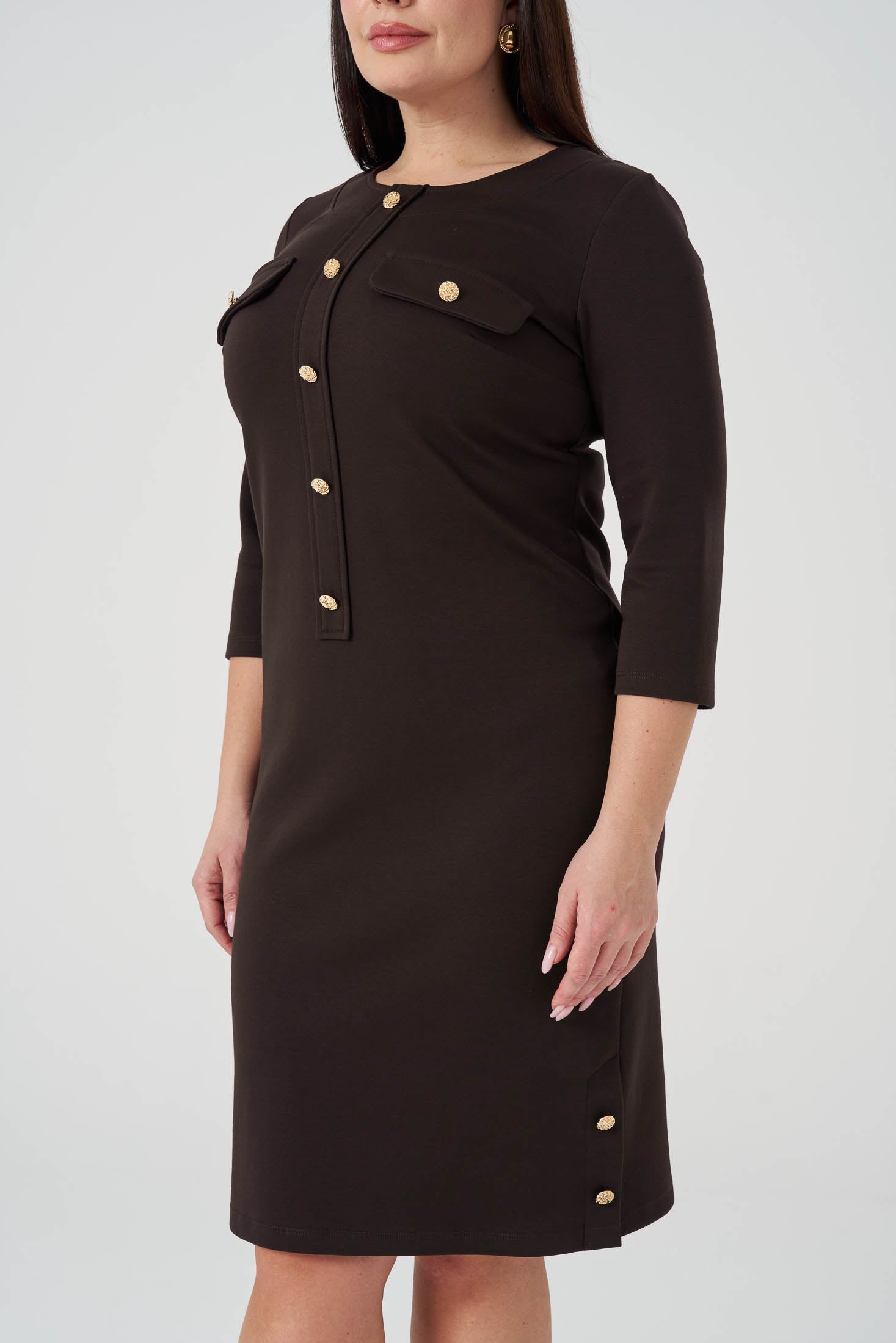 Süs Düğmeli Örme Elbise Acı Kahve