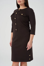 Süs Düğmeli Örme Elbise Acı Kahve