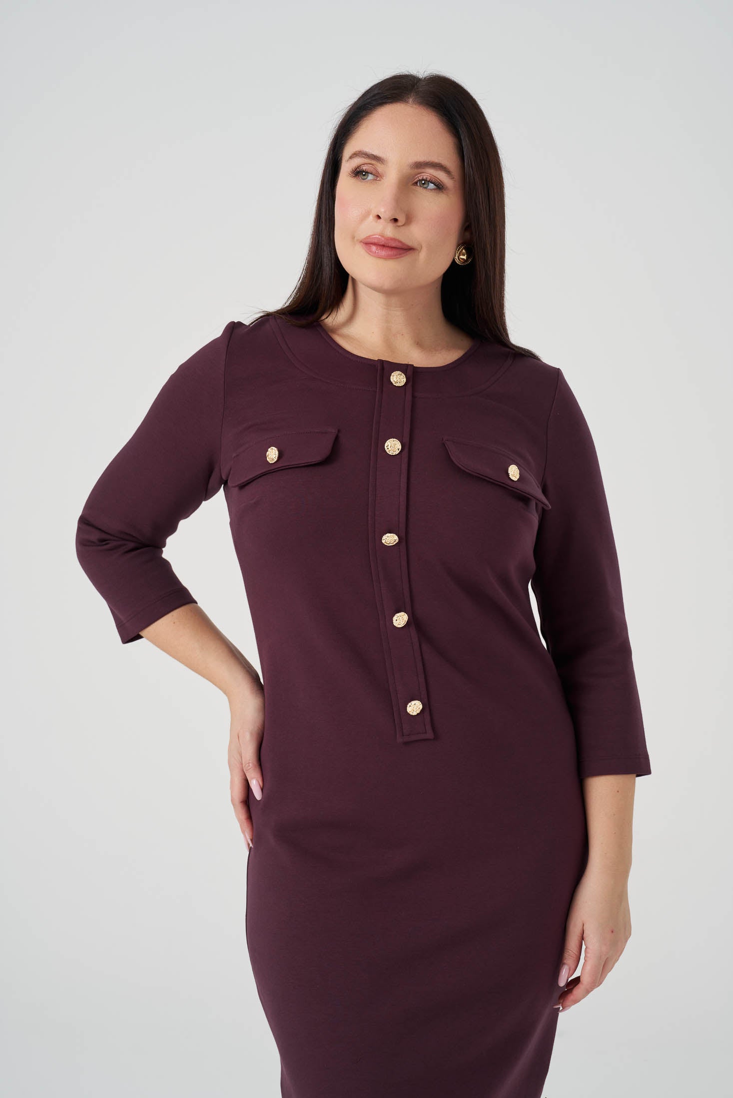 Süs Düğmeli Örme Elbise Bordo