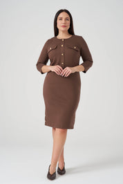 Süs Düğmeli Örme Elbise Kahve