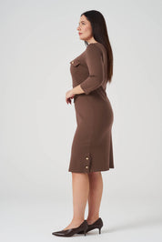 Süs Düğmeli Örme Elbise Kahve