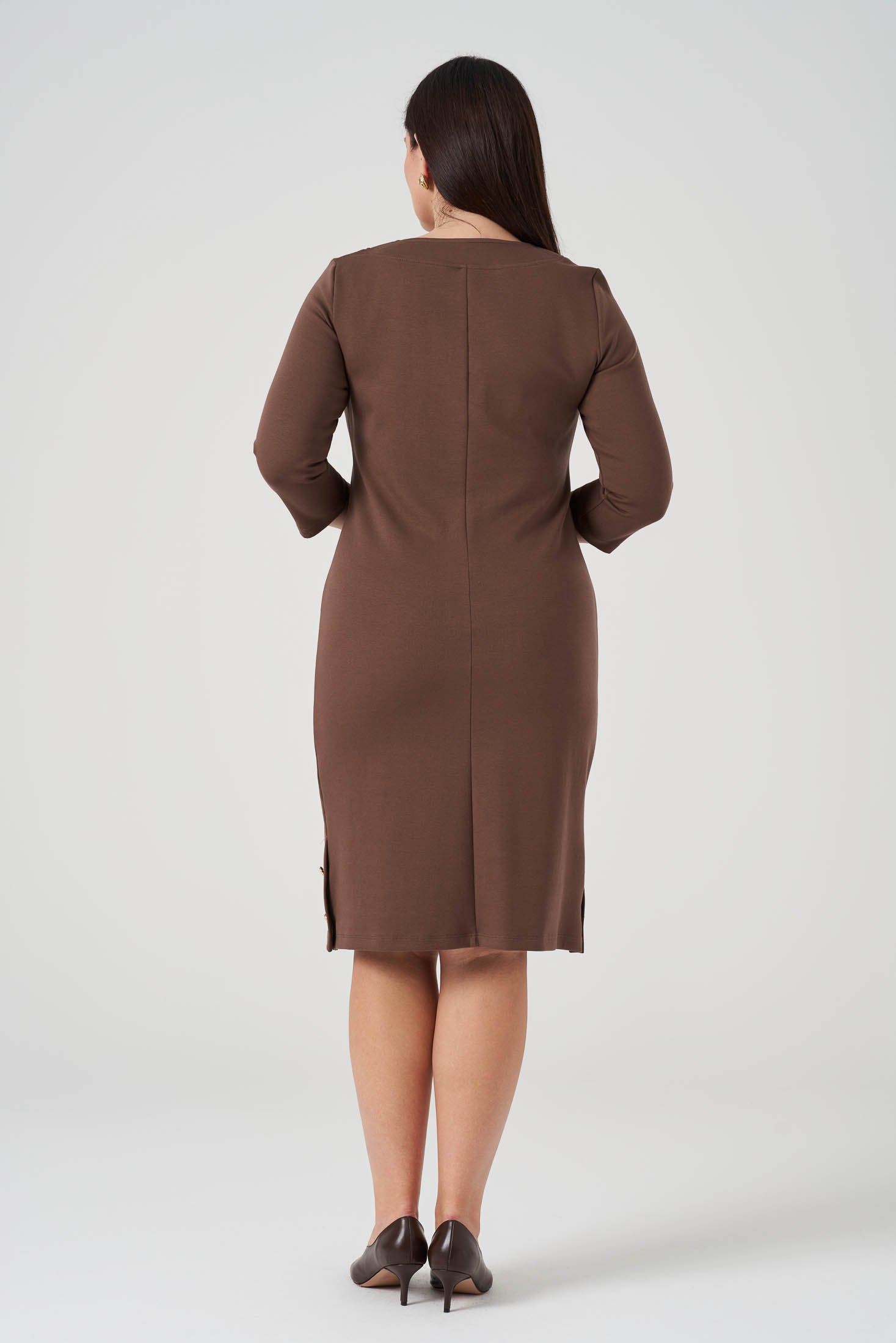 Süs Düğmeli Örme Elbise Kahve