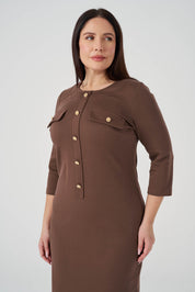 Süs Düğmeli Örme Elbise Kahve