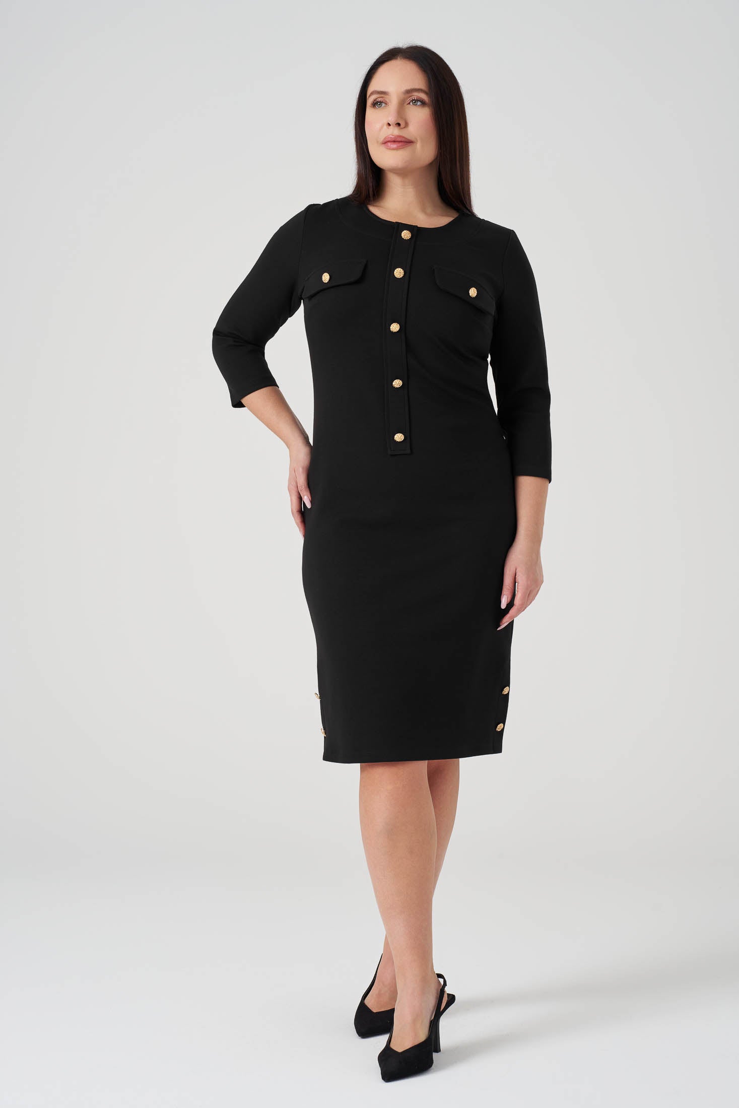 Süs Düğmeli Örme Elbise Siyah