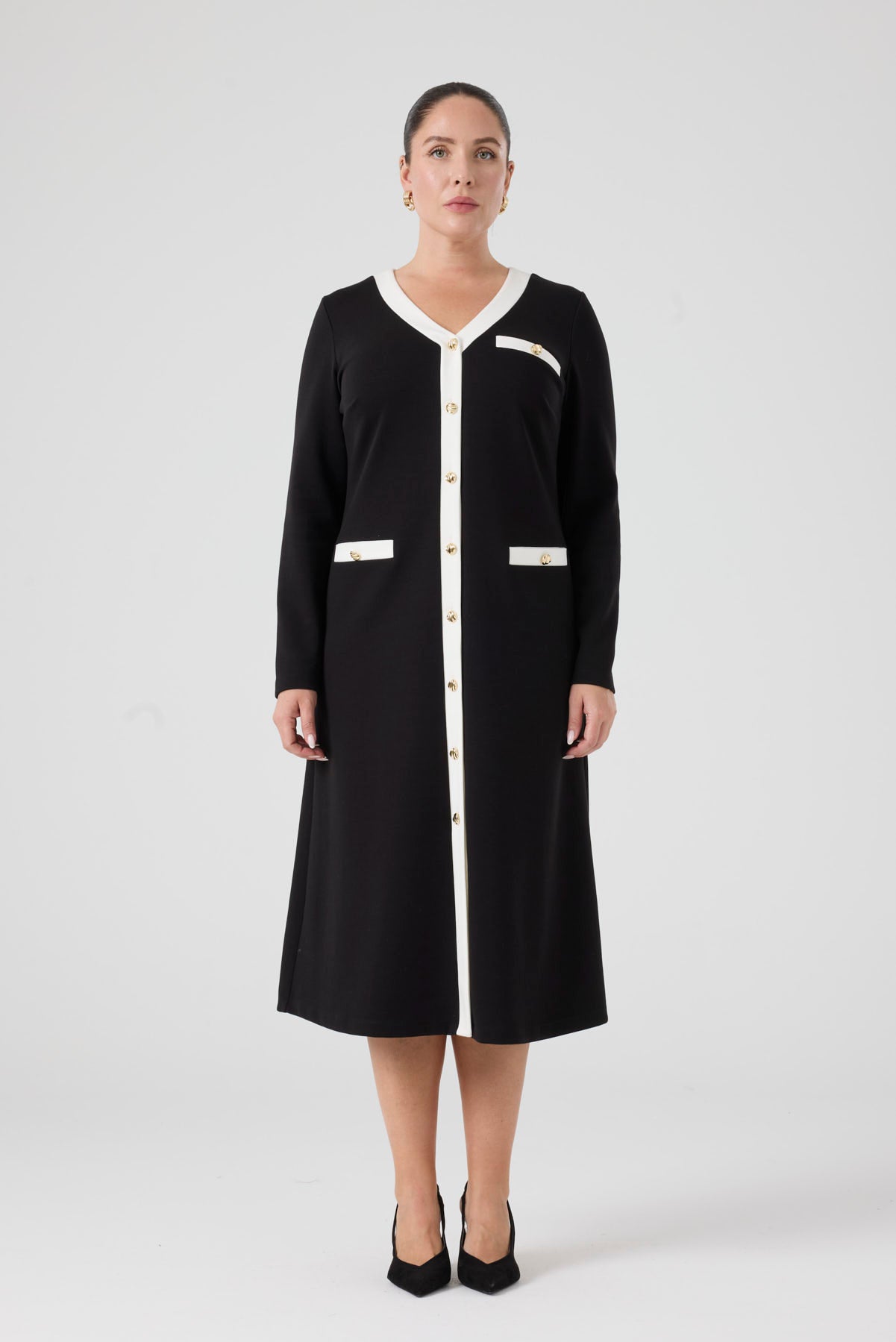 Kontrast Garnili Örme Elbise Siyah