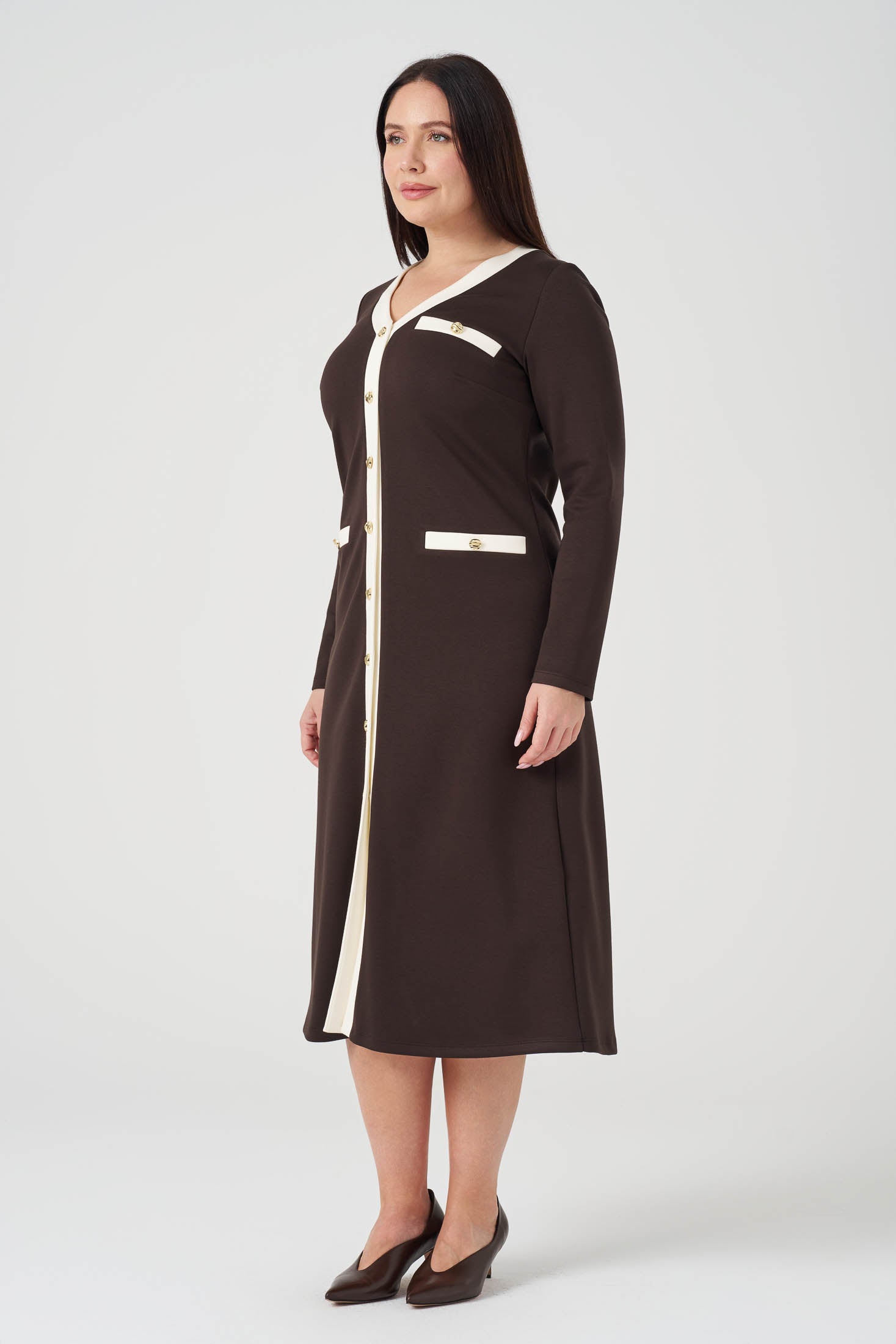 Kontrast Garnili Örme Elbise Kahve