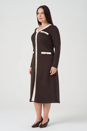 Kontrast Garnili Örme Elbise Kahve