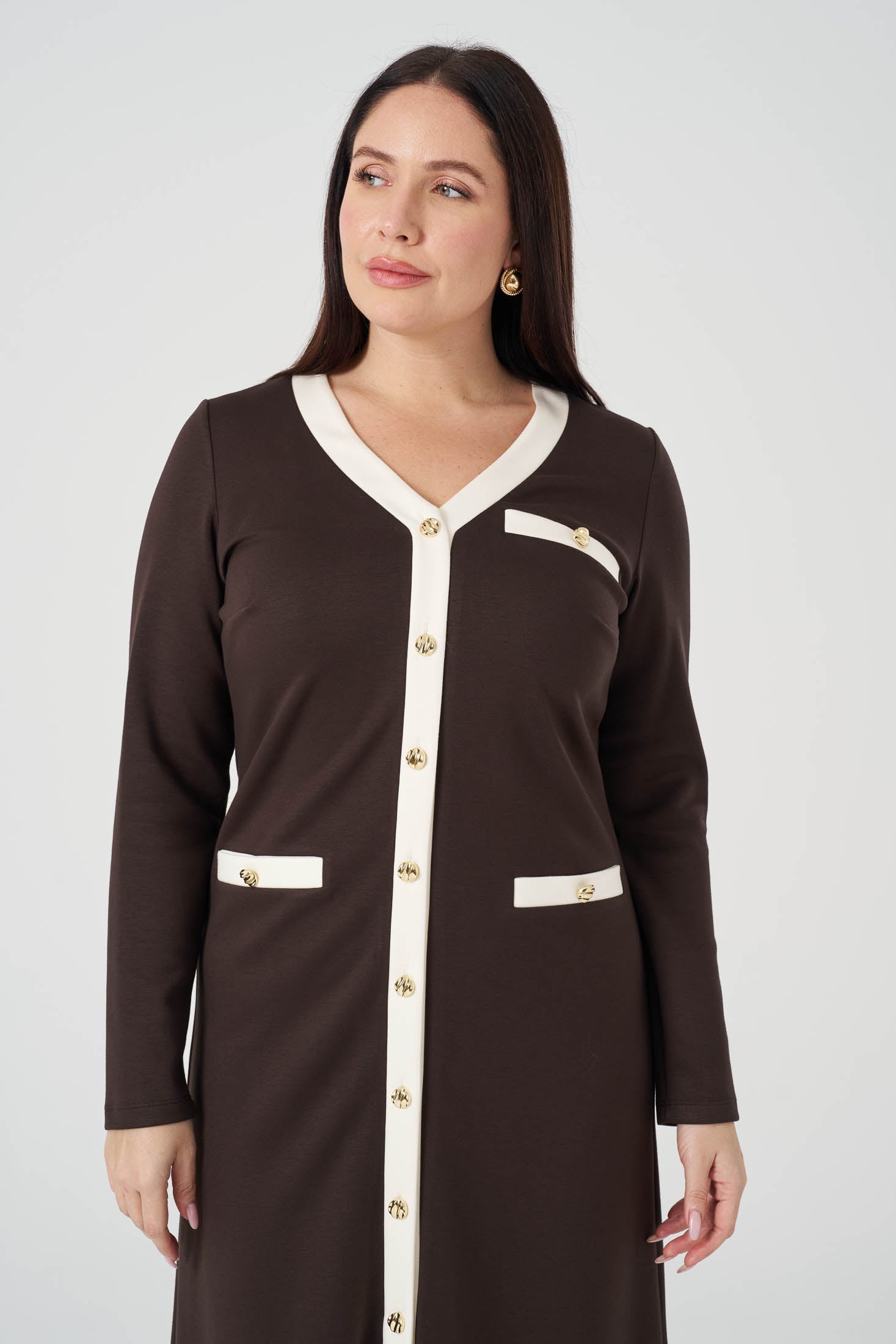 Kontrast Garnili Örme Elbise Kahve