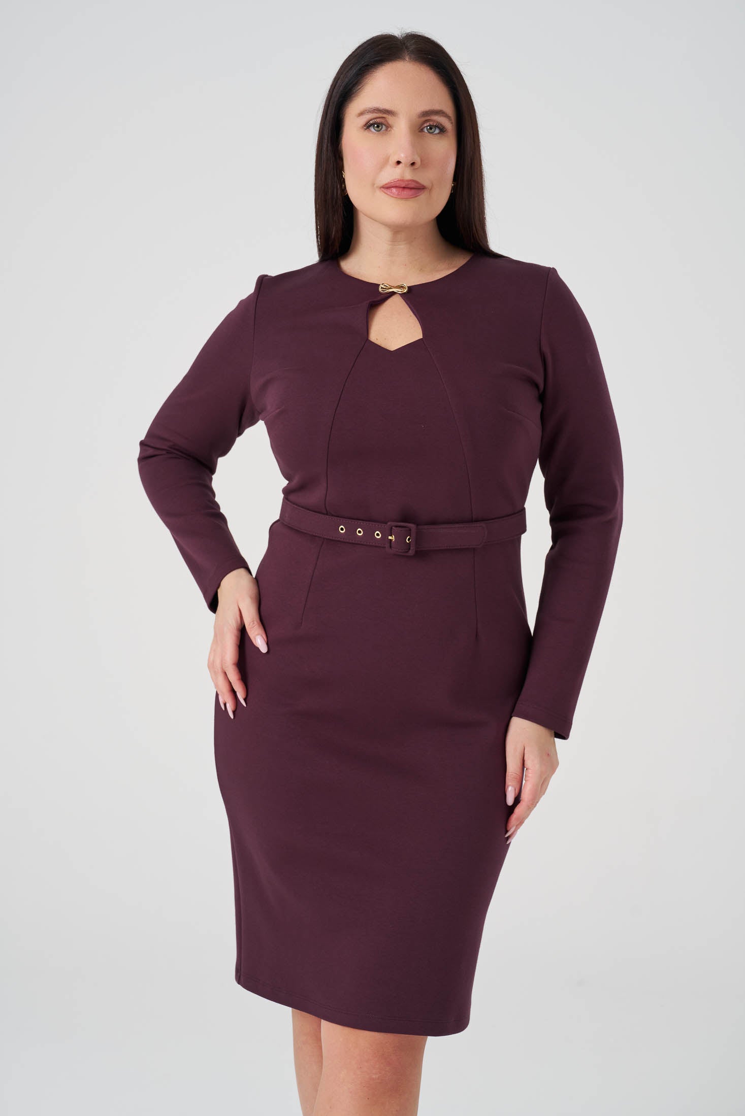 Yakası Pencere Detaylı Elbise Bordo