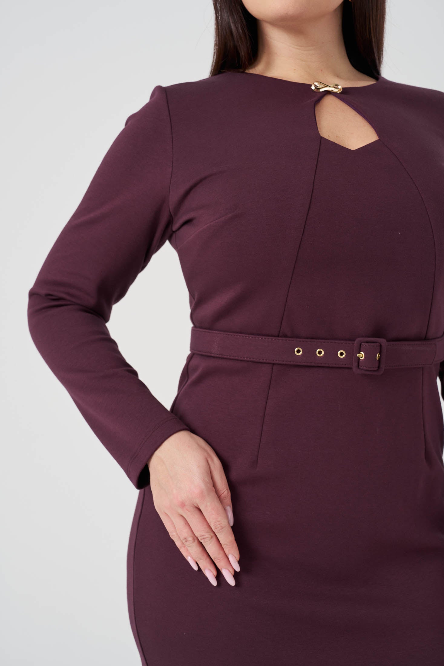 Yakası Pencere Detaylı Elbise Bordo