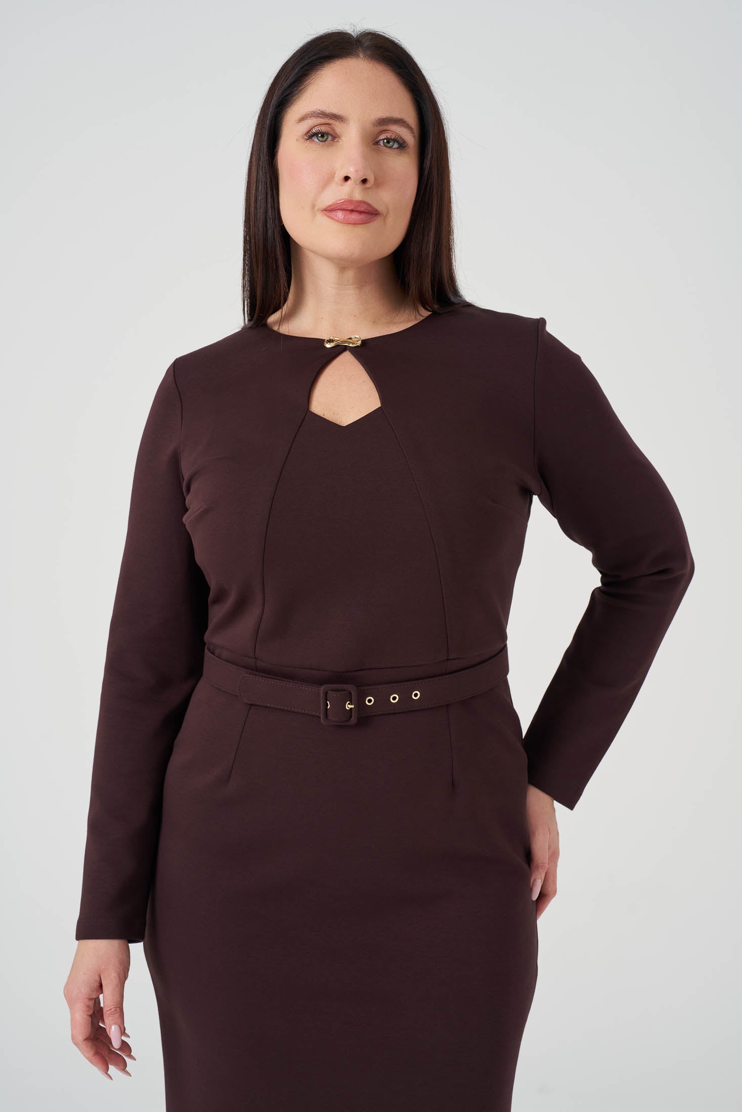 Yakası Pencere Detaylı Elbise Kahve