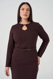 Yakası Pencere Detaylı Elbise Kahve