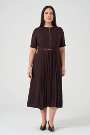 Piliseli Fermuarlı Elbise Kahve