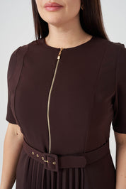 Piliseli Fermuarlı Elbise Kahve