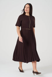 Piliseli Fermuarlı Elbise Kahve