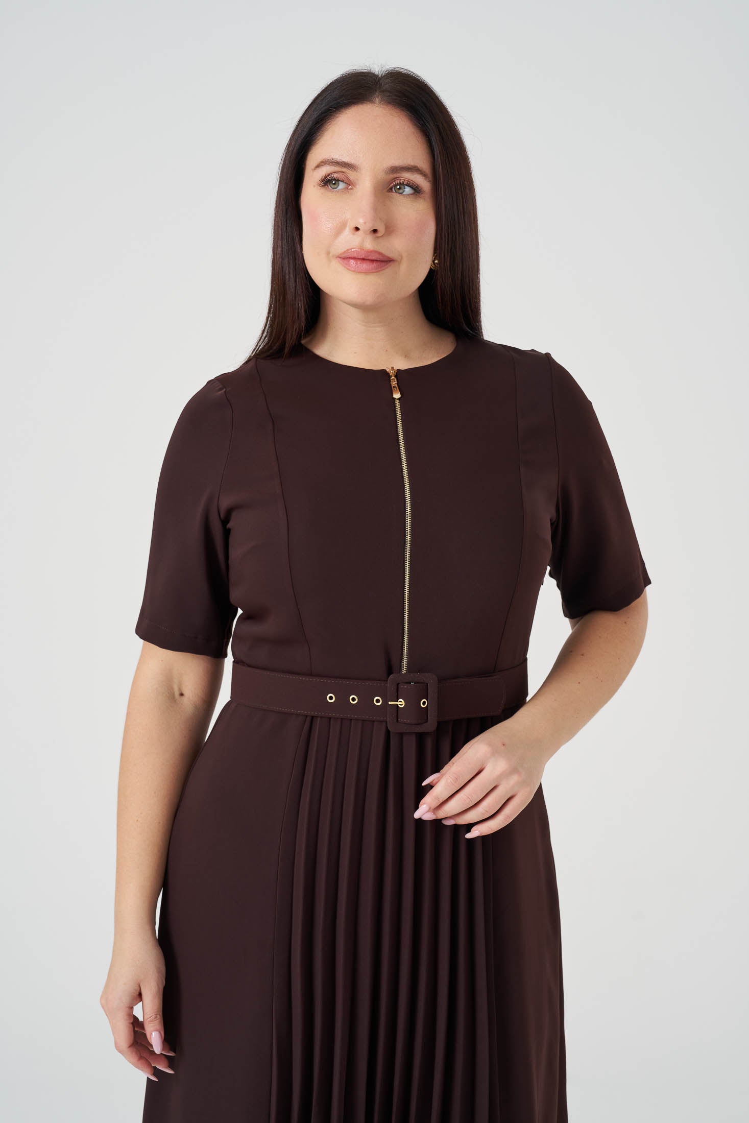 Piliseli Fermuarlı Elbise Kahve