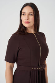 Piliseli Fermuarlı Elbise Kahve