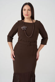 Pilise Detaylı Kemerli Elbise Kahve