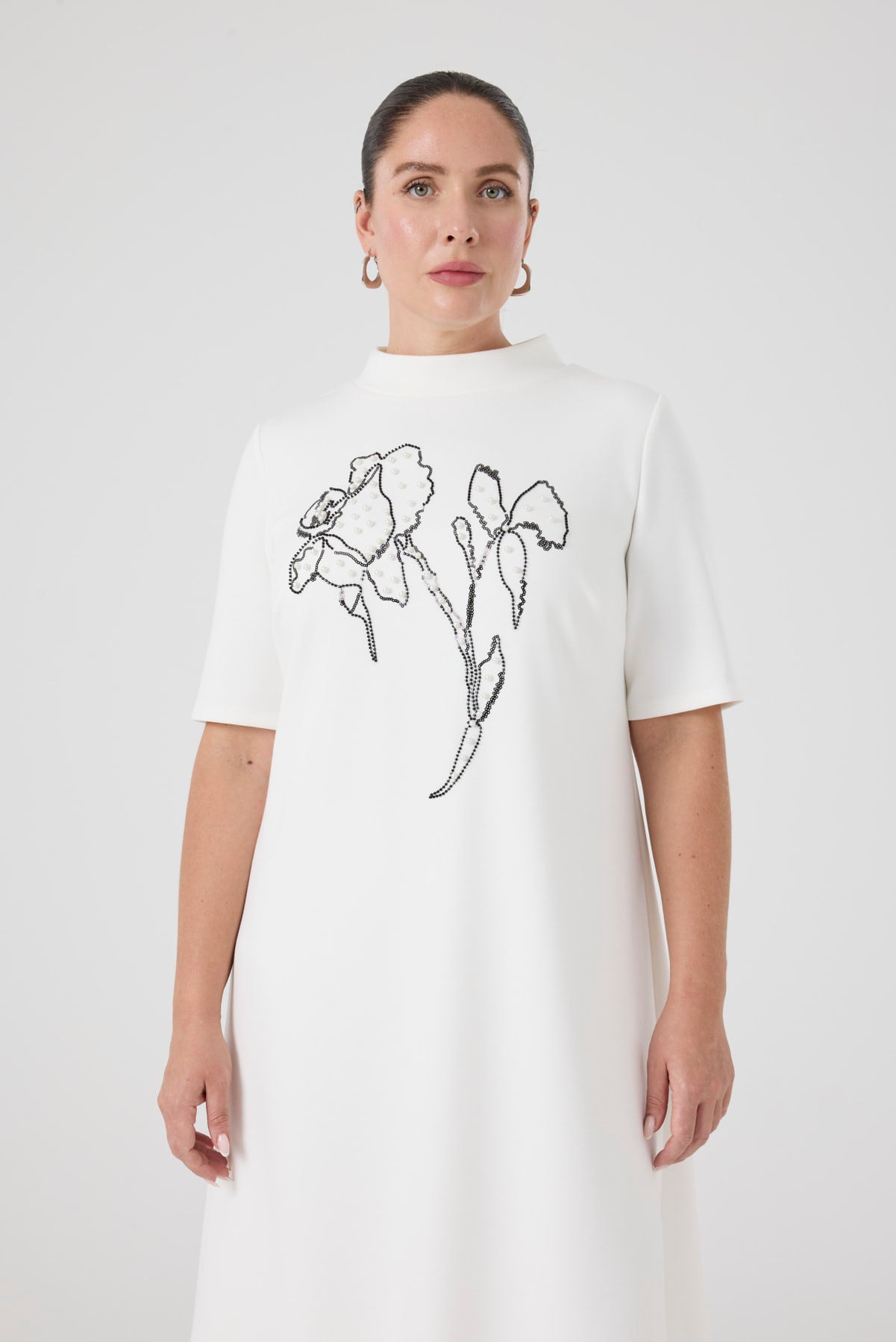 Nakışlı Örme Elbise Ekru