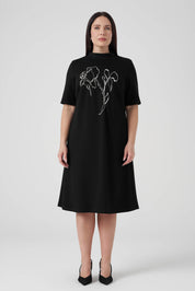 Nakışlı Örme Elbise Siyah