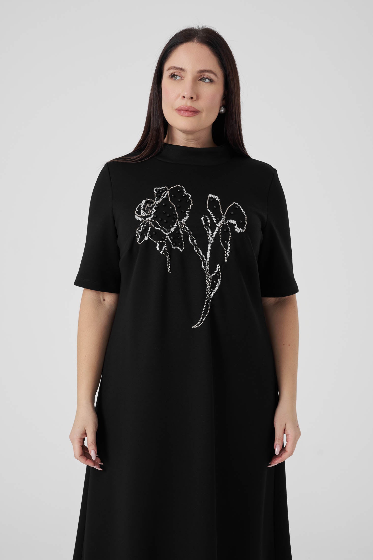 Nakışlı Örme Elbise Siyah