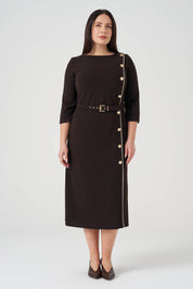 Düğme ve Biye Detaylı Kemerli Elbise Kahve