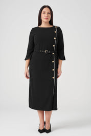 Düğme ve Biye Detaylı Kemerli Elbise Siyah
