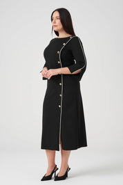 Düğme ve Biye Detaylı Kemerli Elbise Siyah