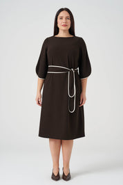 Kontrast  Biyeli Örme Elbise Kahve