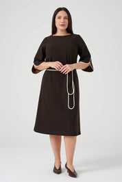 Kontrast  Biyeli Örme Elbise Kahve