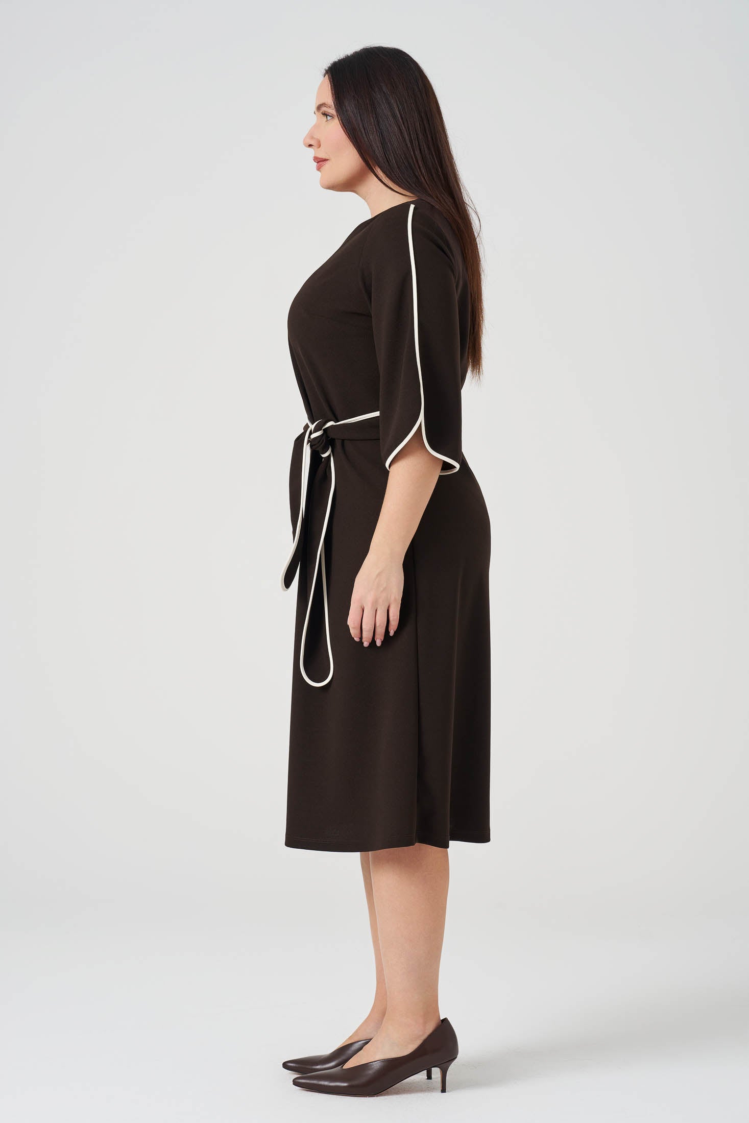 Kontrast  Biyeli Örme Elbise Kahve