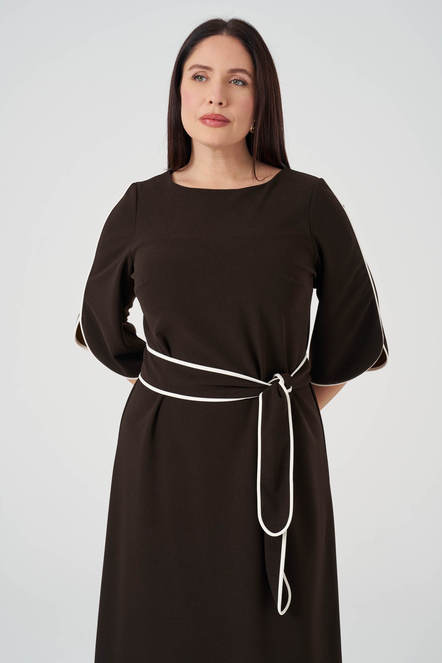 Kontrast  Biyeli Örme Elbise Kahve