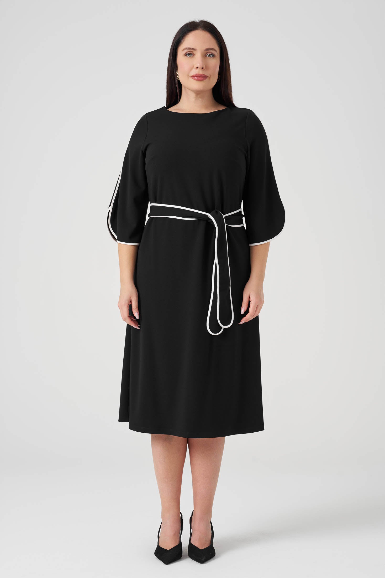 Kontrast  Biyeli Örme Elbise Siyah