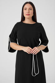 Kontrast  Biyeli Örme Elbise Siyah