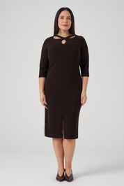 Yaka Detaylı işlemeli Elbise Kahve