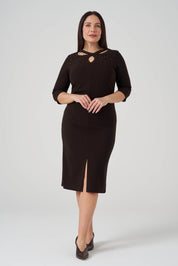 Yaka Detaylı işlemeli Elbise Kahve