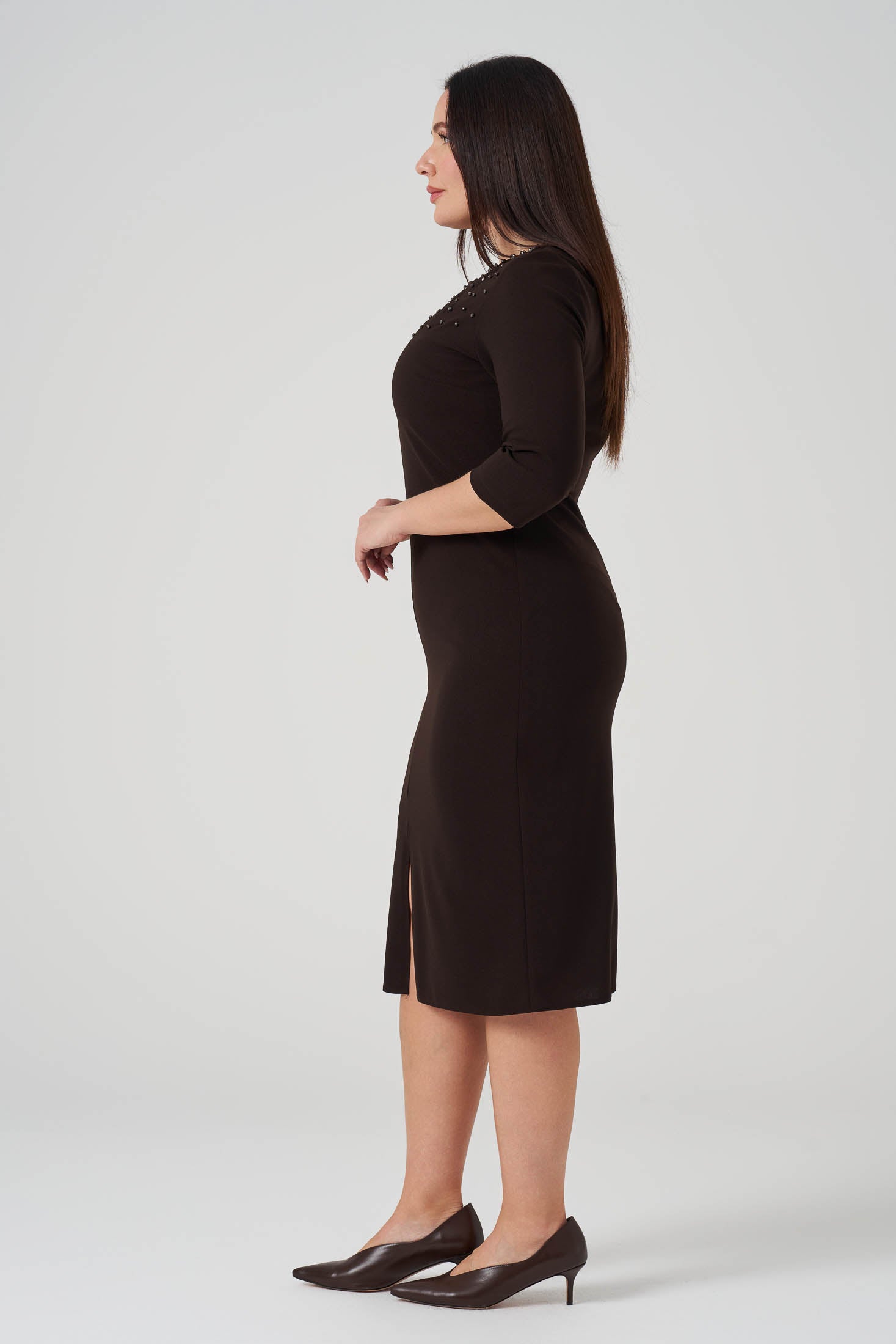 Yaka Detaylı işlemeli Elbise Kahve