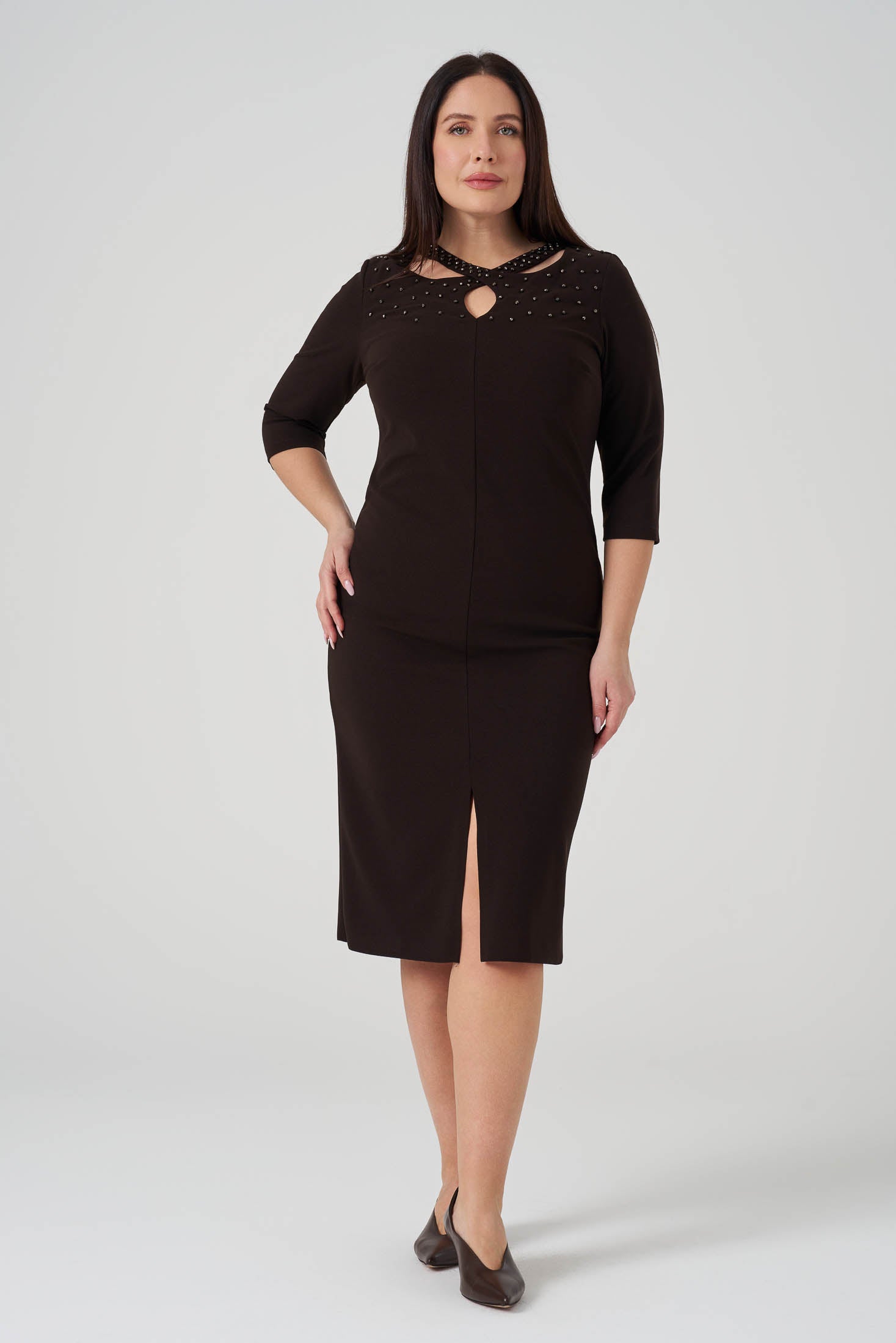 Yaka Detaylı işlemeli Elbise Kahve