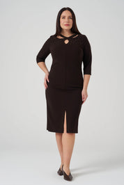 Yaka Detaylı işlemeli Elbise Kahve