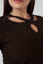 Yaka Detaylı işlemeli Elbise Kahve