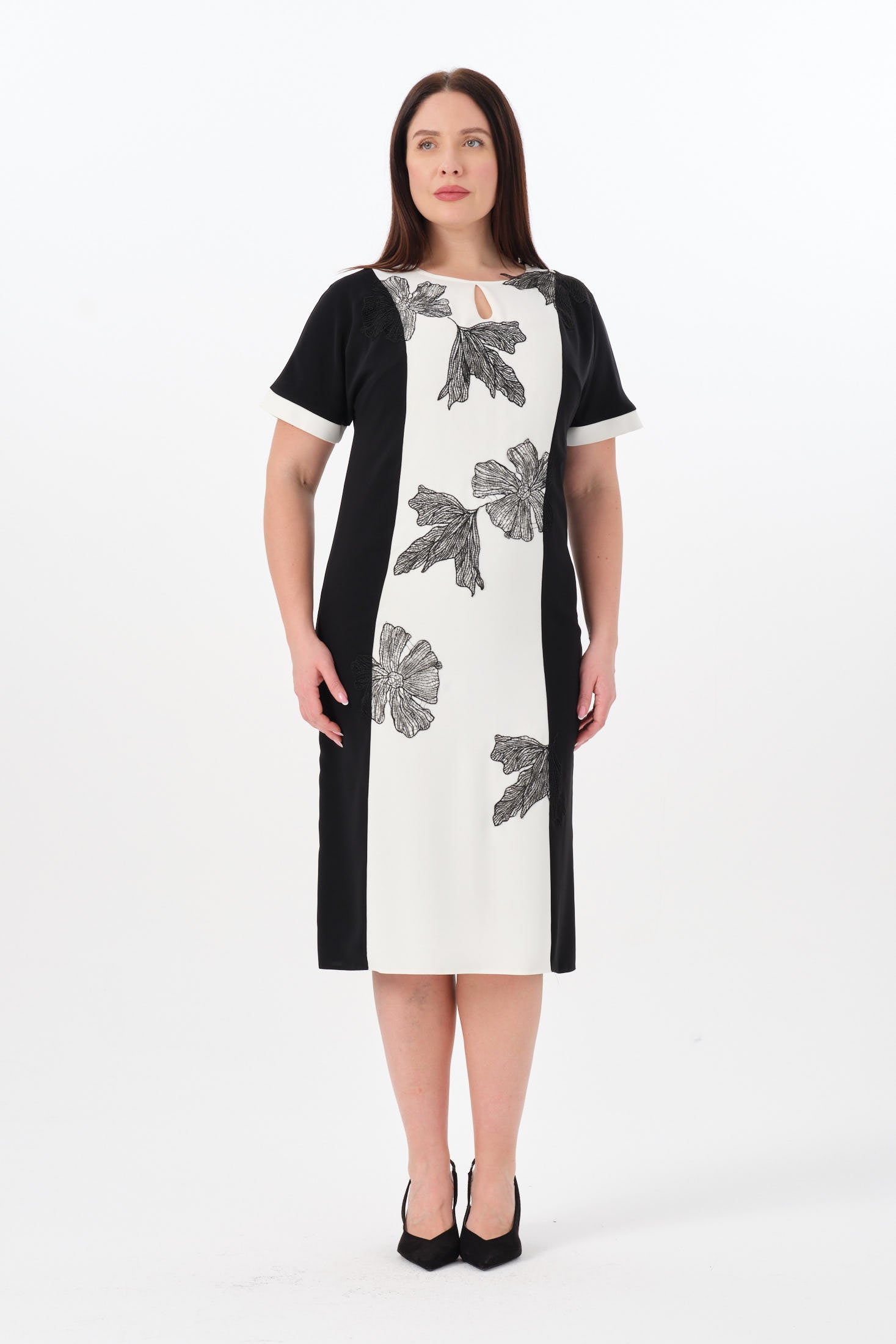 Aplikeli Kontrast Elbise  Siyah