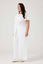 Asimetrik Kesim Uzun Bluz Pantolon Takım Beyaz