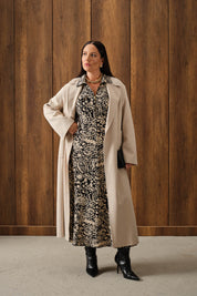 Fermuarlı Şal Desenli Uzun Elbise Siyah