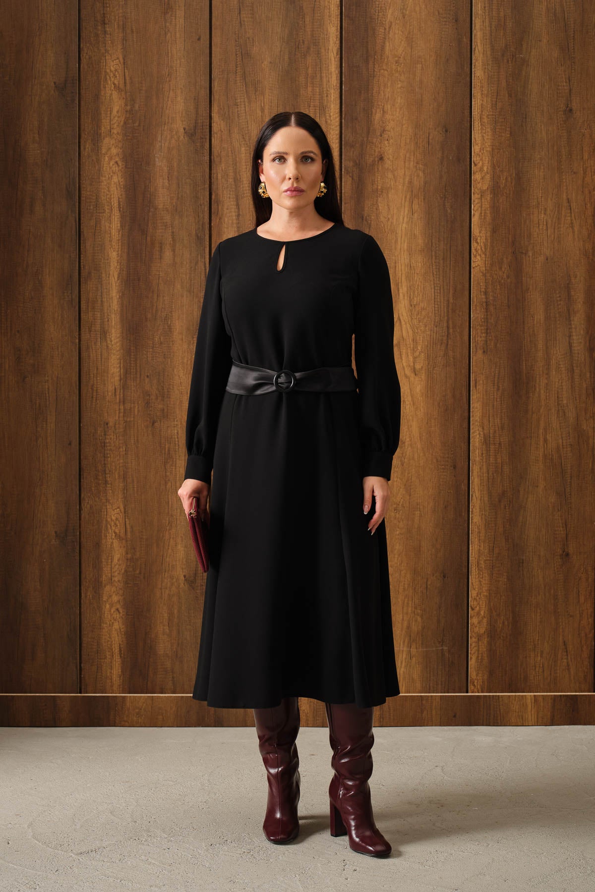 Saten Kemerli Kloş Elbise Siyah