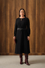 Saten Kemerli Kloş Elbise Siyah