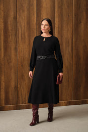 Saten Kemerli Kloş Elbise Siyah